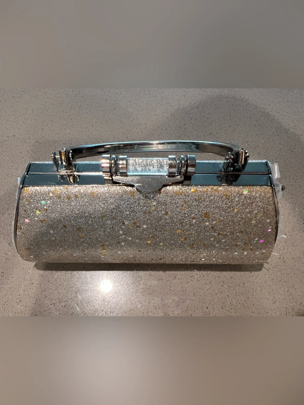 Silver Glitter Star Clutch Bag with Chain Strap